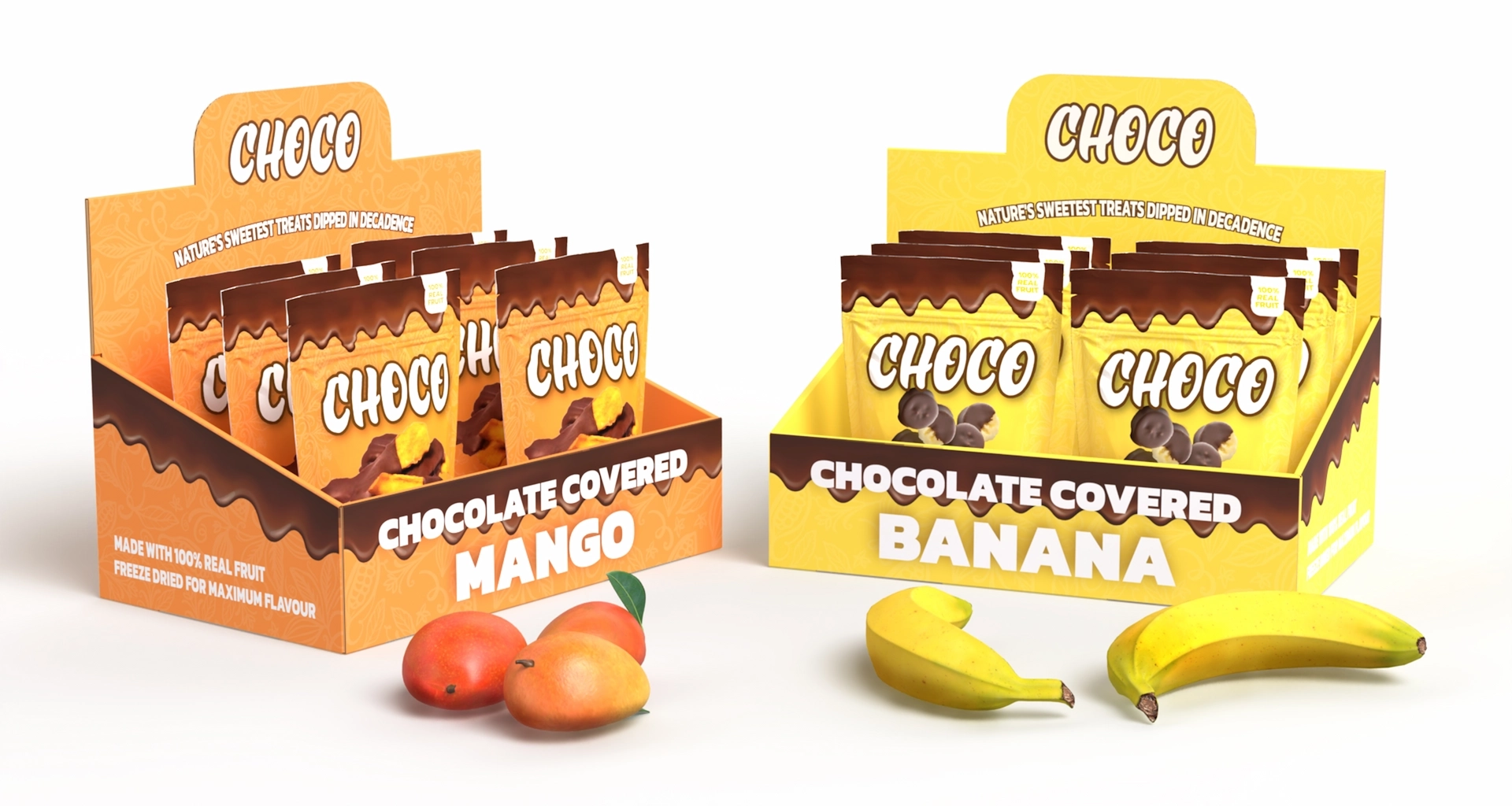 designs mocked up on 3 fruit pouches