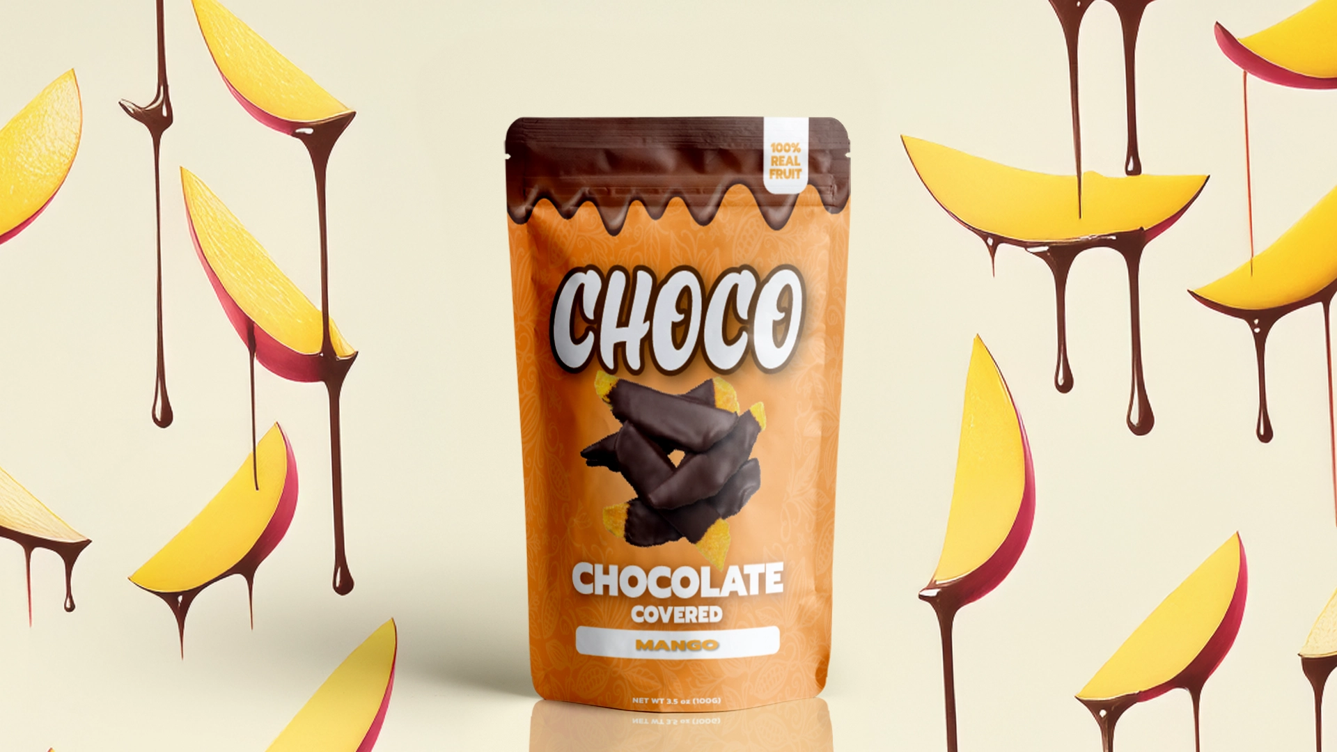 Mango fruit pouch surrounded by mango slices