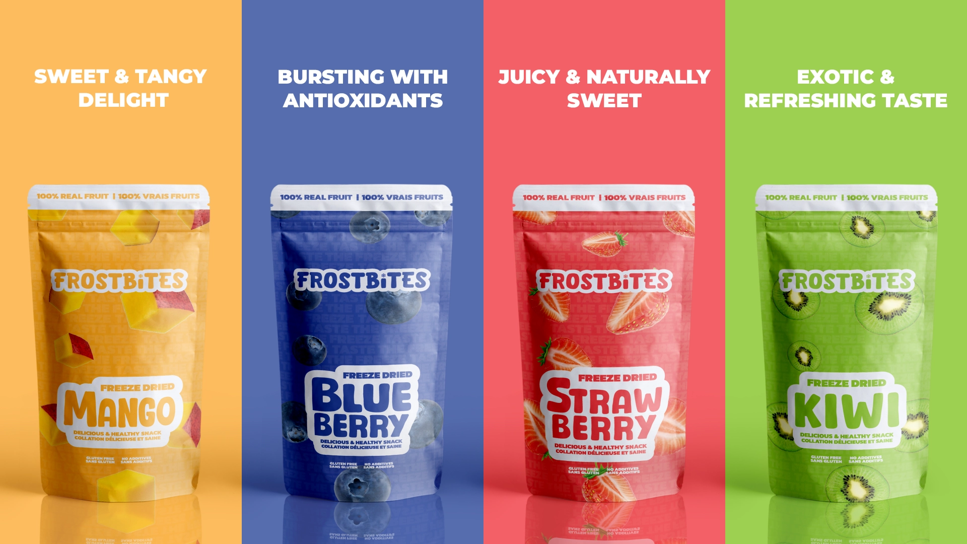 advert of 4 fruit pouches with text on top