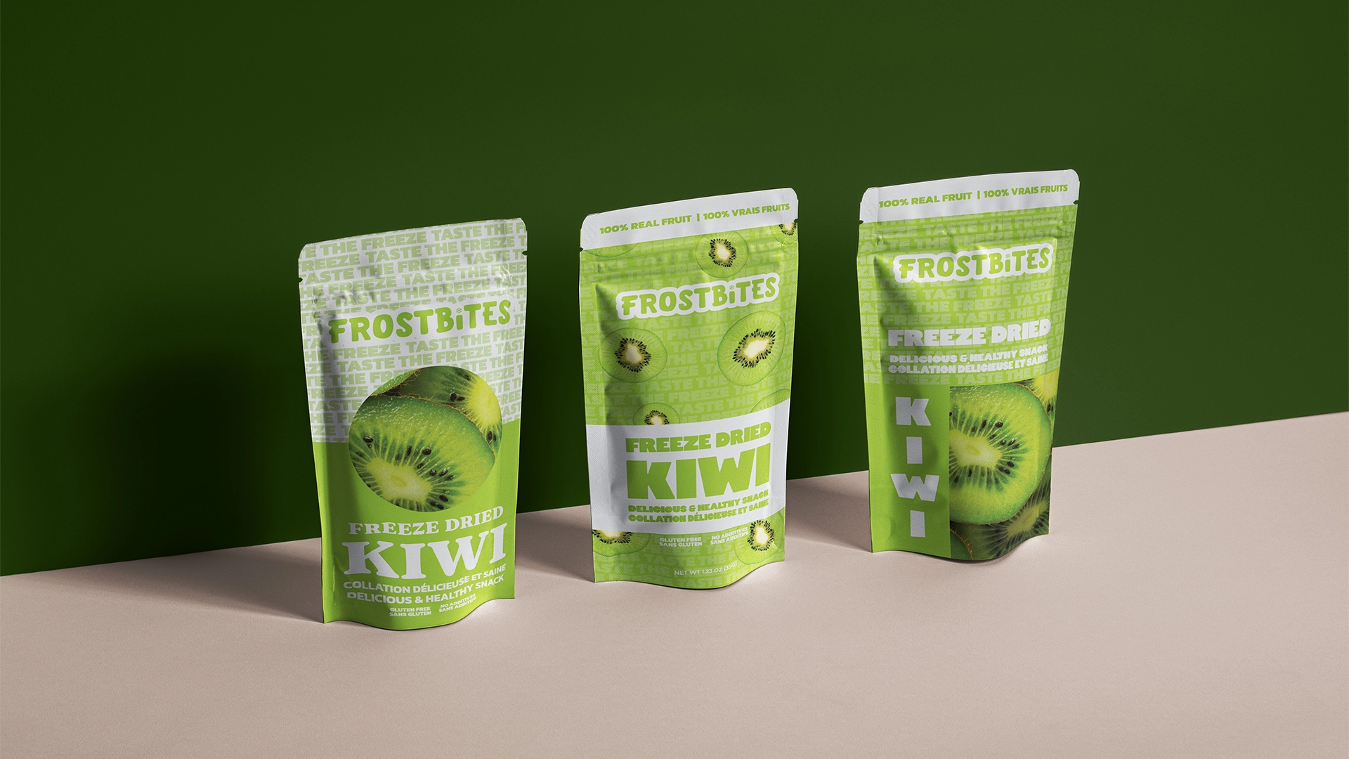 Concept kiwi designs mocked up on pouches