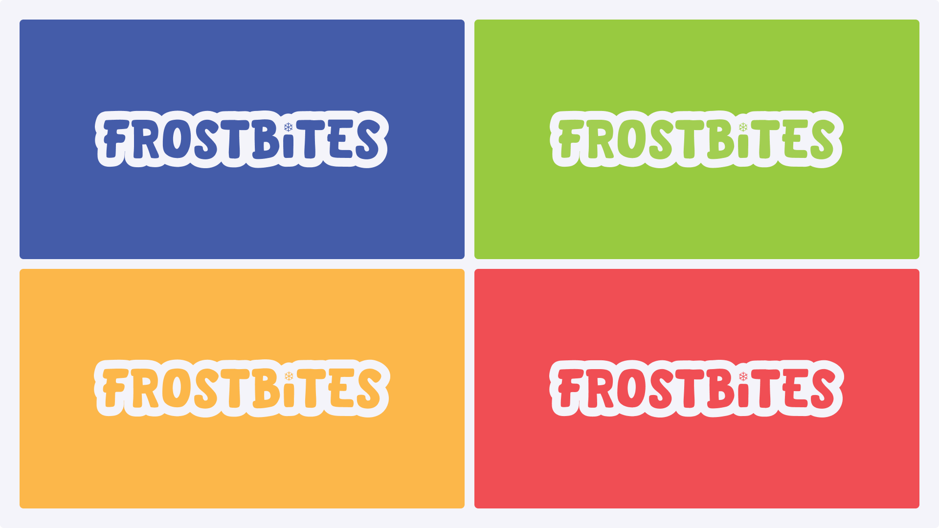 4 colored tiles with Frostbites Logo