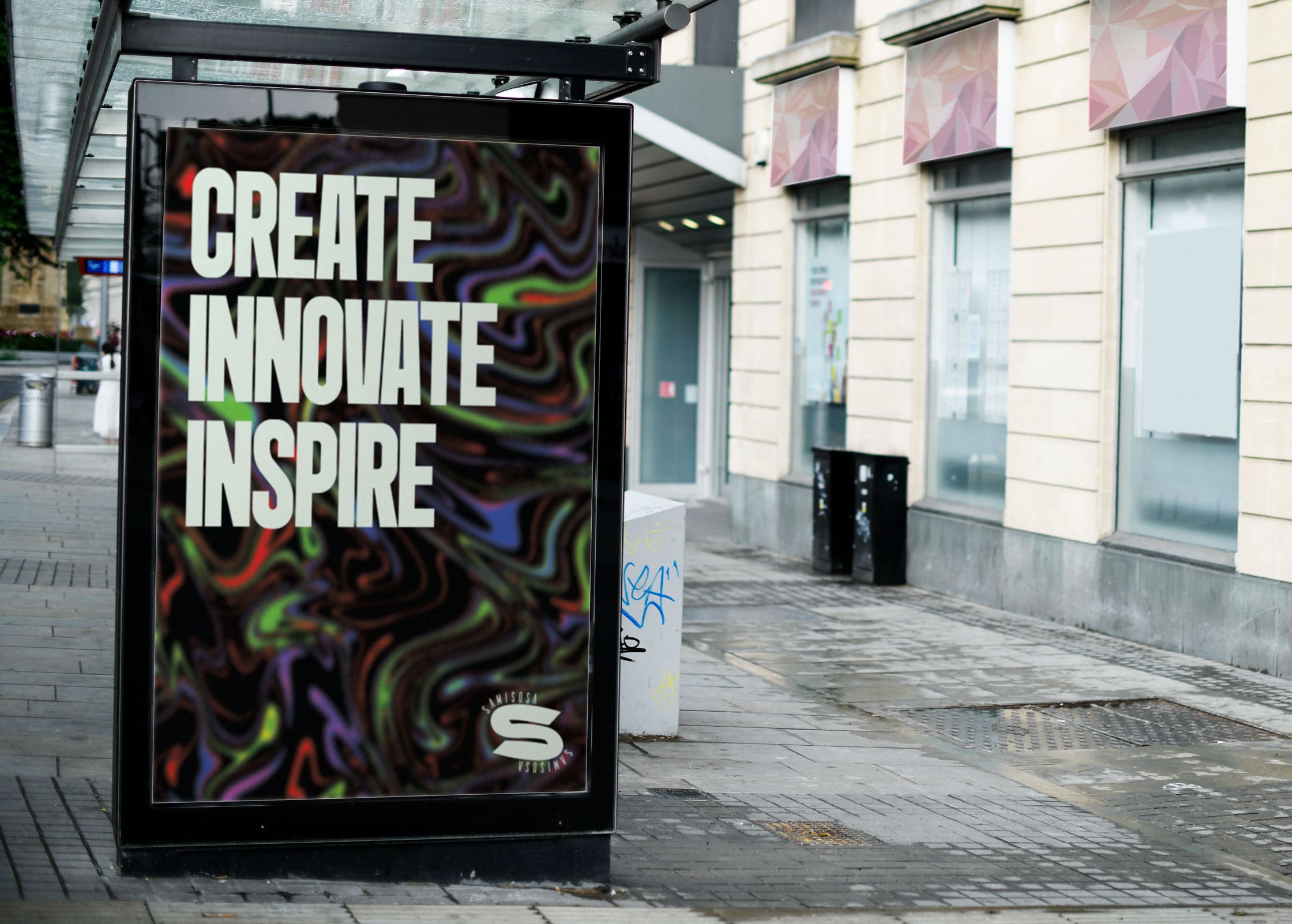 Bus stop sign displaying samisosa poster design 2